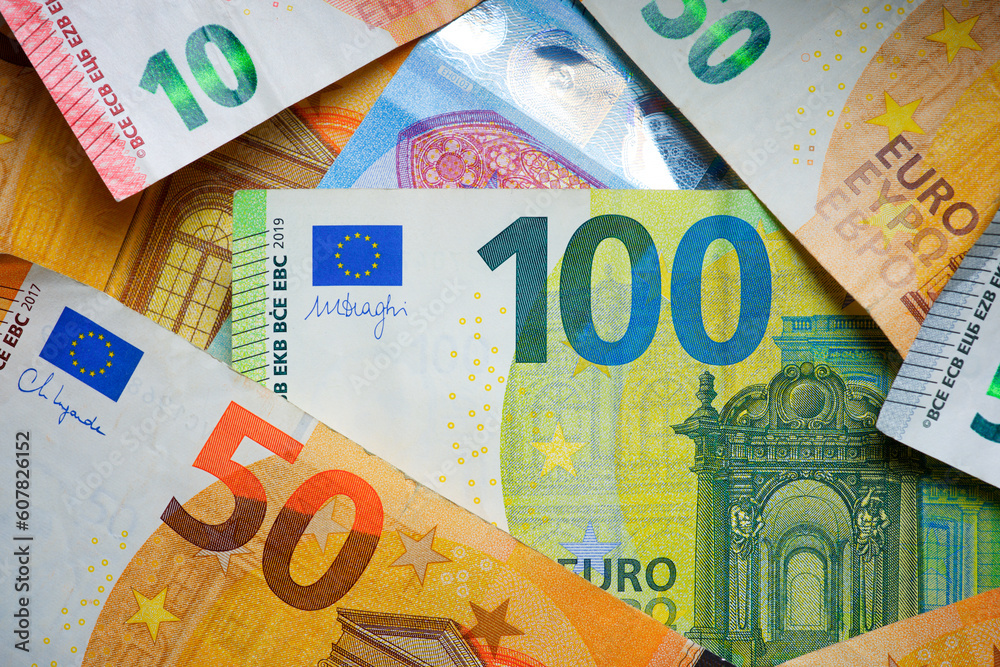 Close-up of a pile of banknotes of the European Union. Close-up of a pile of banknotes of the European Union.