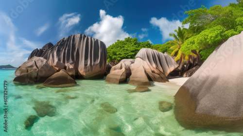 Tropical Paradise of Seychelles- Anse Source d'Argent - Beach on island La Digue. Generative AI