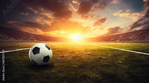 Sunset Serenity on the Football Field - Experience the tranquility of a football field at sunset, with a wide-angle view of a ball resting on the turf. The backdrop showcases the vibrant stadium  © Luuk