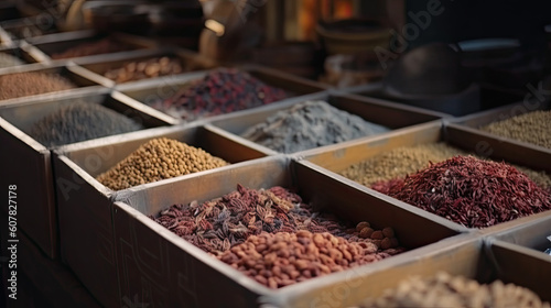 Colorful spices at a traditional market Generative AI © PaulShlykov