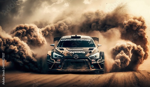 Rally Car Driving in Dirt, Causing Black Clouds of Dust. Generative ai