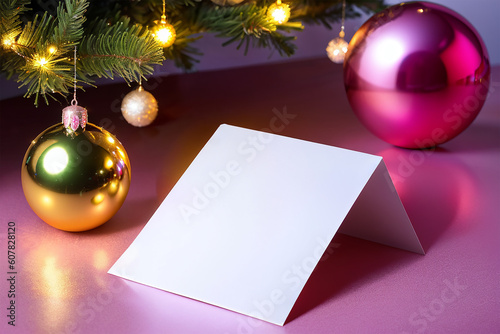 Christmas greeting card with a Christmas tree and decorations on a purple background. Generated AI