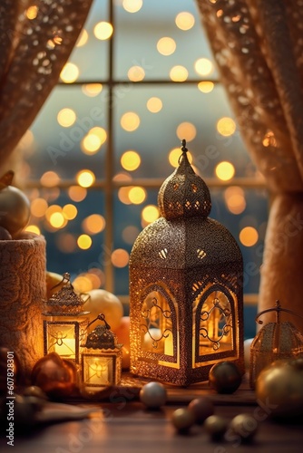 Golden lantern and ornaments with blurred bokeh effects and particles Generative AI Illustration