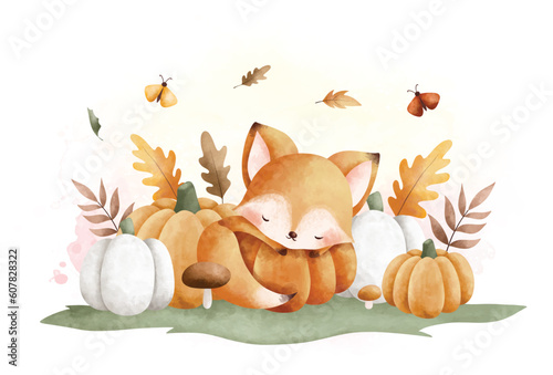 Watercolor Illustration cute baby fox sleeps on pumpkin with mushroom and autumn leaves