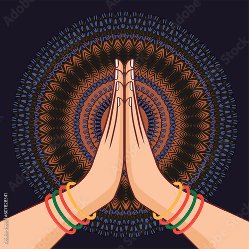 Illustration of karma depicted with Namaste, Indian women's hand greeting posture of namaste with  mandala design vector illustration
