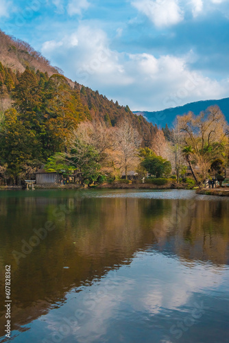 Kyushu, Yufuin, Beautiful winter in lake kinrin, small lake with clear water from a hot spring and Mount Yufu in Sunny day, Oita, Japan.