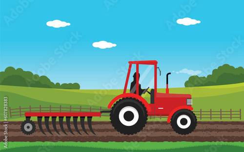 Agriculture and Farming. Agribusiness Tracktor. Rural landscape. Design elements for info graphic, websites and print media. Vector illustration.