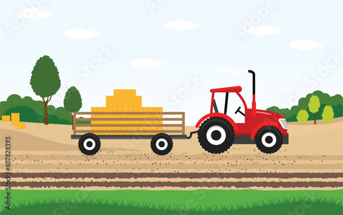 Agriculture and Farming. Agribusiness Tracktor. Rural landscape. Design elements for info graphic, websites and print media. Tractor carrying hay, harvester, the field, harvesting Vector illustration