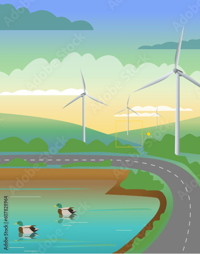 Green landscape with a pond and windmills 