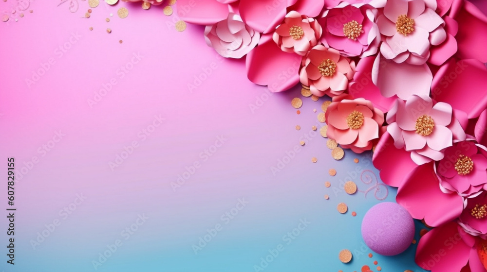 Composition of pink flowers in paper cut style. Place for text, background, generated by AI