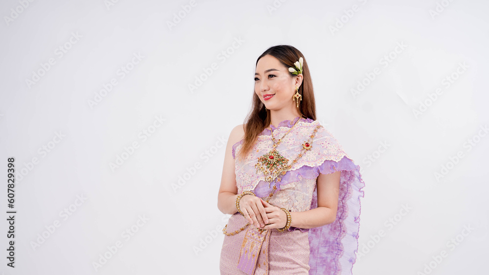 Beautiful woman, Thai national costume, traditional Thai dress, Thai woman, good mood, beautiful smile , isolated on white background