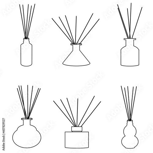 Home aromatherapy vector set. Outline diffusers with sticks isolated on white background.  Scented and aroma. Line art Illustration, Mindfulness concept