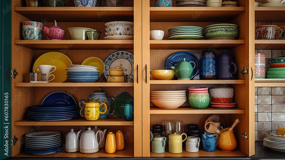 Open cabinet with different clean dishware in kitchen. Generative Ai - obrazy, fototapety, plakaty 