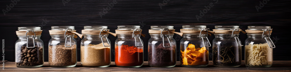 Assorted ground spices in bottles on wooden background. Generative AI