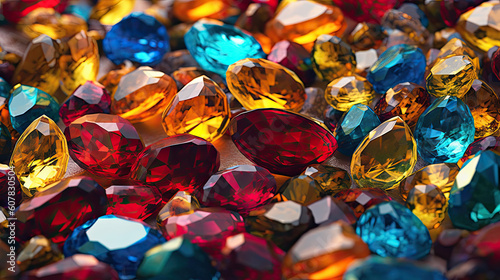 Collection of many different natural gemstones: amethyst, lapis lazuli, rose quartz, citrine, ruby, amazonite, moonstone, labradorite, chalcedony, blue topaz and many more. Generative AI