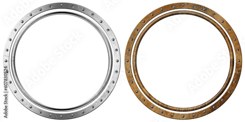 Two metal portholes with screws, isolated on white or transparent background, 3d illustration. Png.
