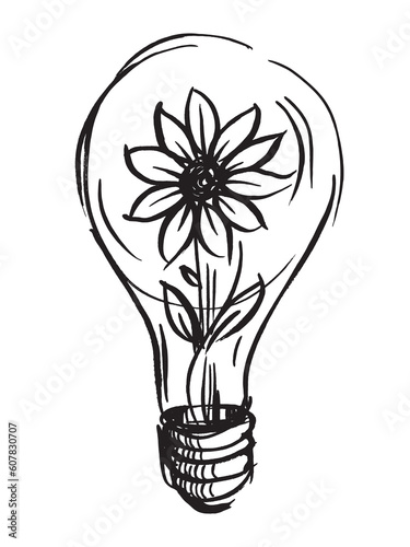 Electric lamp with a flower inside. Ecological energy. Conservation of Earth's resources. Renewable energy sources. Electricity is available