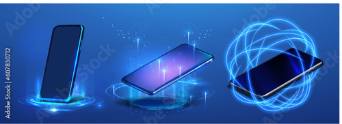 Mockup of smartphone with black screen and abstract flare trails, circle blue light isolated on black background Realistic phone with blank screen. Smartphone perspective view with blank screen.