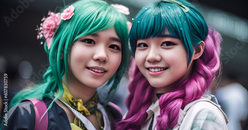 Pair of young Japanese girls at cosplay convent, Generative AI