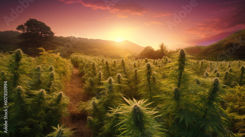 Marijuana plant at outdoor cannabis farm field. Generative AI