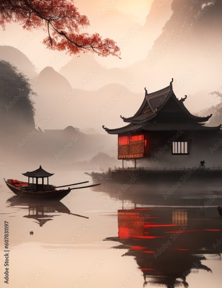 Obraz premium Traditional painting chinese ink red landscape. Painting of hills and japanese house and gondola, trees on a textured paper. Old Asian, japanese design. vector ,Beautiful artwork.