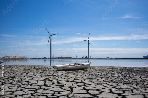 Boat on hardened mud in front of two windmills © Jesper