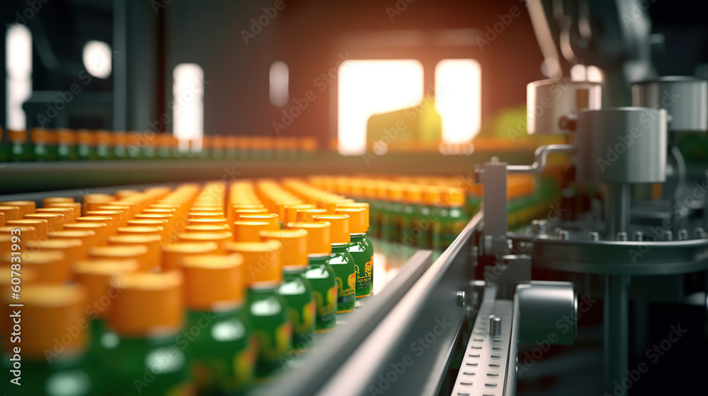 Conveyor belt, juice in bottles, beverage factory interior in blue color, industrial production line. Generative Ai