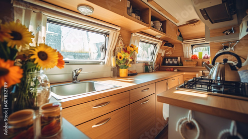 cozy kitchen interior in the trailer of mobile home or recreational vehicle, concept of family local travel in native country on caravan or camper van and camping life. Generative Ai