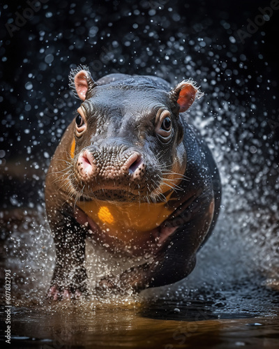 baby hippo running in water Generative AI © Ralf