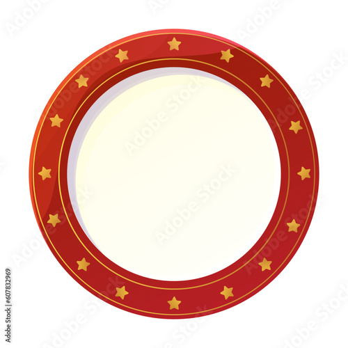 Holiday plate, bright empty dish top view with golden stars, border ornament Christmas decoration in cartoon style isolated on white background.