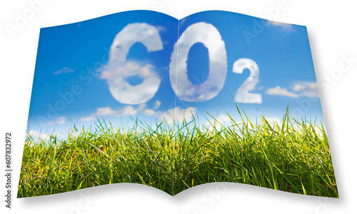 3D rendering opened photobook CO2 concept against a green wild grass on sky background