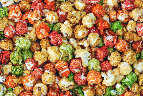 Top view of sweet popcorn rainbow as background