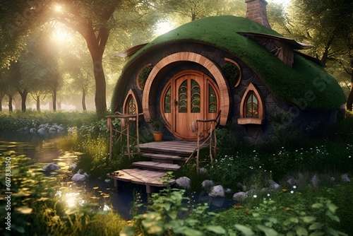 wooden hobbit house in the middle of a green forest. generative AI illustration. photo