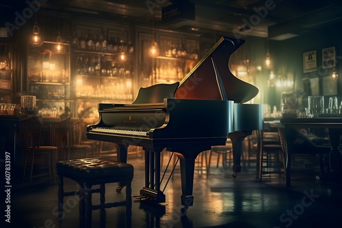 grand piano located in a bar. generative AI illustration. photo