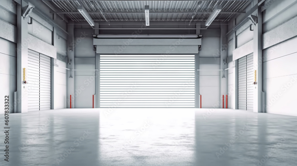 Roller door or roller shutter using for factory, warehouse or hangar, for product display or industry background. Generative Ai