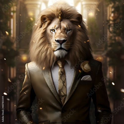  lion standing with a golden suit. generative AI illustration.