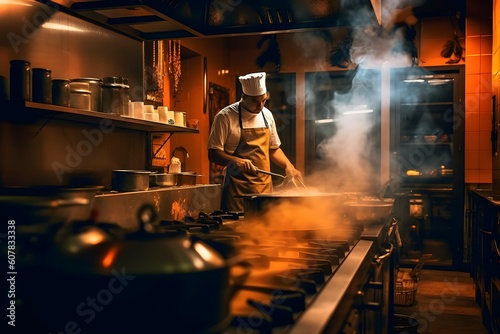 chef cooking in his kitchen. generative AI illustration.