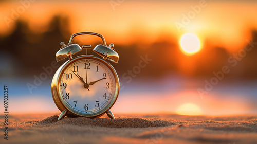 Selective focus of alarm clock on sand with nature bokeh beach background. Time in life concept. Generative Ai