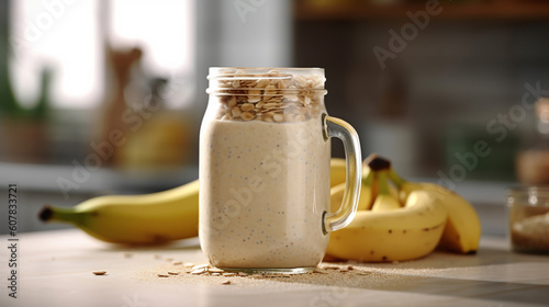 Vegan banana and oatmeal smoothie in glass jar on the light background. Generative Ai