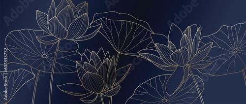 Luxury hand drawn lotus flowers background vector. Elegant gradient gold lotus flowers line art, leaves on blue background. Oriental design for wedding invitation, cover, print, decoration, template.