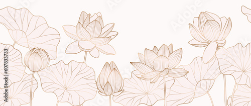 Luxury hand drawn lotus flowers background vector. Elegant gradient gold lotus flowers line art, leaves on white background. Oriental design for wedding invitation, cover, print, decoration, template.