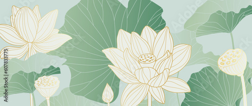 Luxury oriental flower background vector. Elegant white lotus flowers golden line art, leaves, gradient color. Japanese and Chinese illustration Design for decor, wallpaper, poster, banner, card.