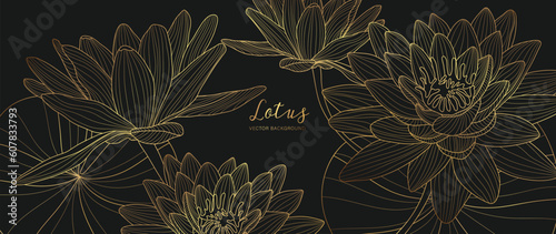 Luxury hand drawn lotus flowers background vector. Elegant gradient gold lotus flowers line art, leaves on dark background. Oriental design for wedding invitation, cover, print, decoration, template.