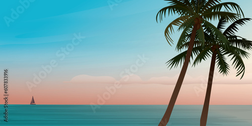 Seascape, palm tree silhouette and yacht at skyline with sunset sky background vector illustration. Summer traveling and party at the beach concept flat design with blank space.