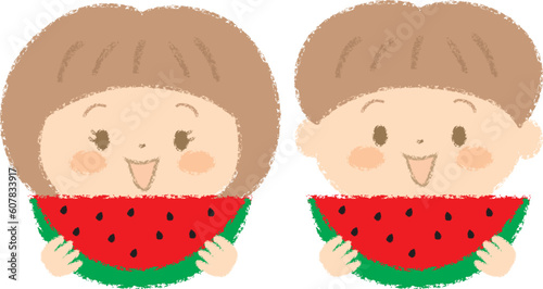 笑顔でスイカを持つ男の子と女の子のイラスト