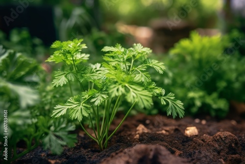 parsley plant growing in a garden, surrounded by other herbs