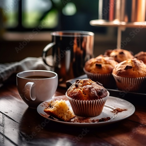 Hot Coffee and Muffins on Breakfast Table with Morning Vibes, Generative Ai.
