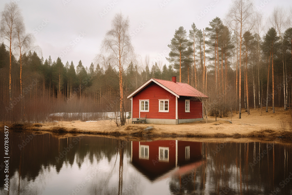 Fototapeta premium Red hut in scandinavian moody landscape. Generative AI