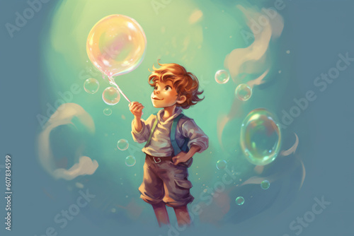 illustration of kid playing soap bubble made with Generative AI © yuniazizah