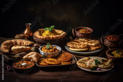 Traditional indian dishes selection. Indian cousine food. Generative AI © marcin jucha